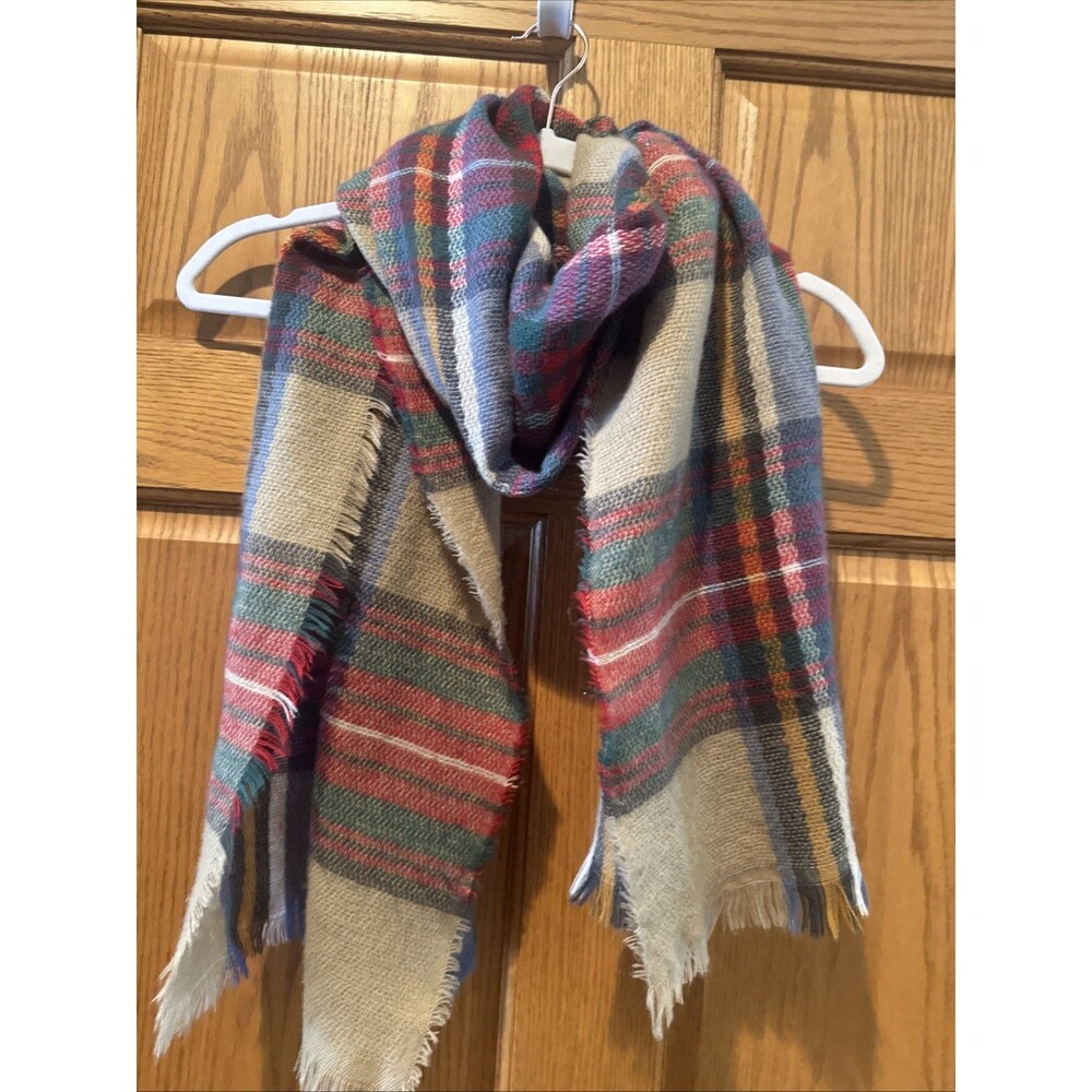Blanket Scarf Rectangle Shawl Plaid Preppy Fringe Square 74x18 Beige Red Green